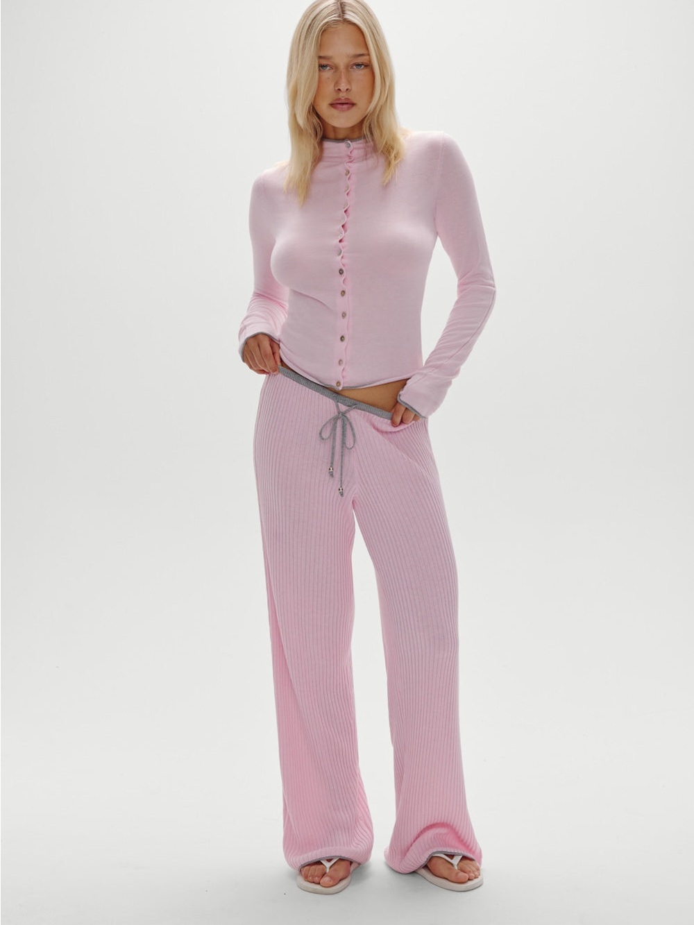 Frankie’s Bikinis Sold Out Lochlin Knit Pants Rosette Pink Ribbed Lounge XS/S
